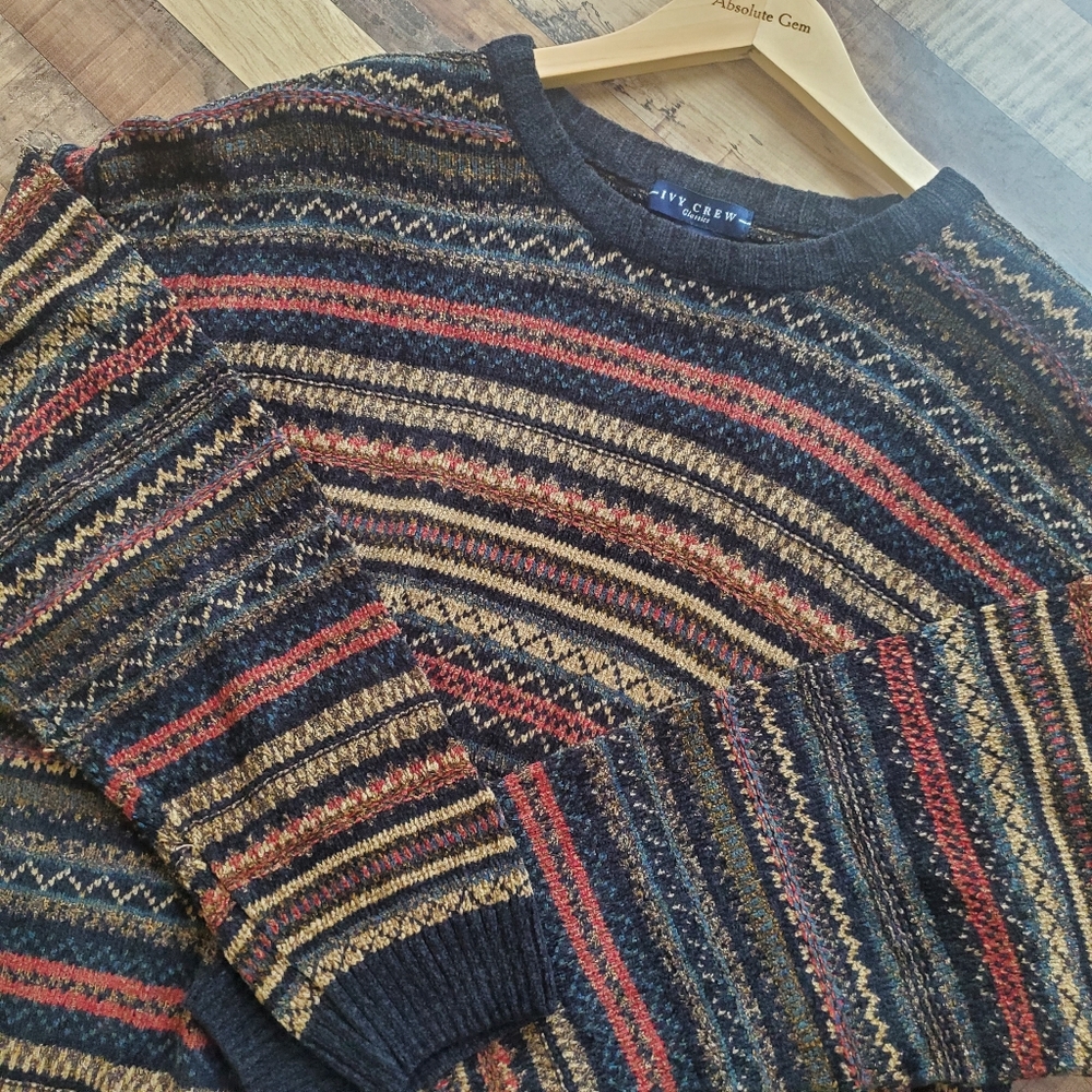 Vintage 90s Ivy Crew Pullover Crewneck Multicolor Sweater Indie Grandpa Fall XXL - Picture 15 of 15